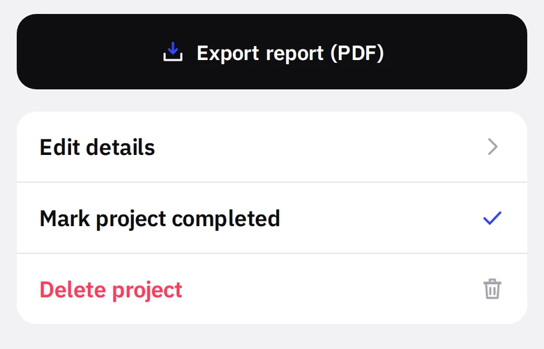 Project actions at the bottom of a one-off test screen