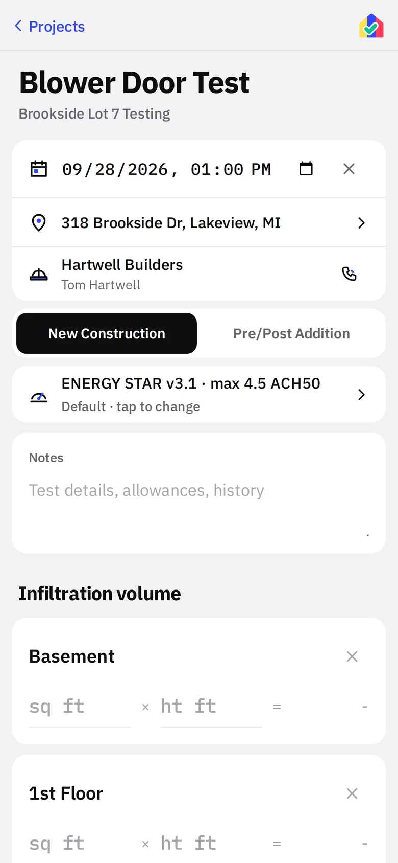 A one-off blower door test project opening straight to the test screen with its date and site rows