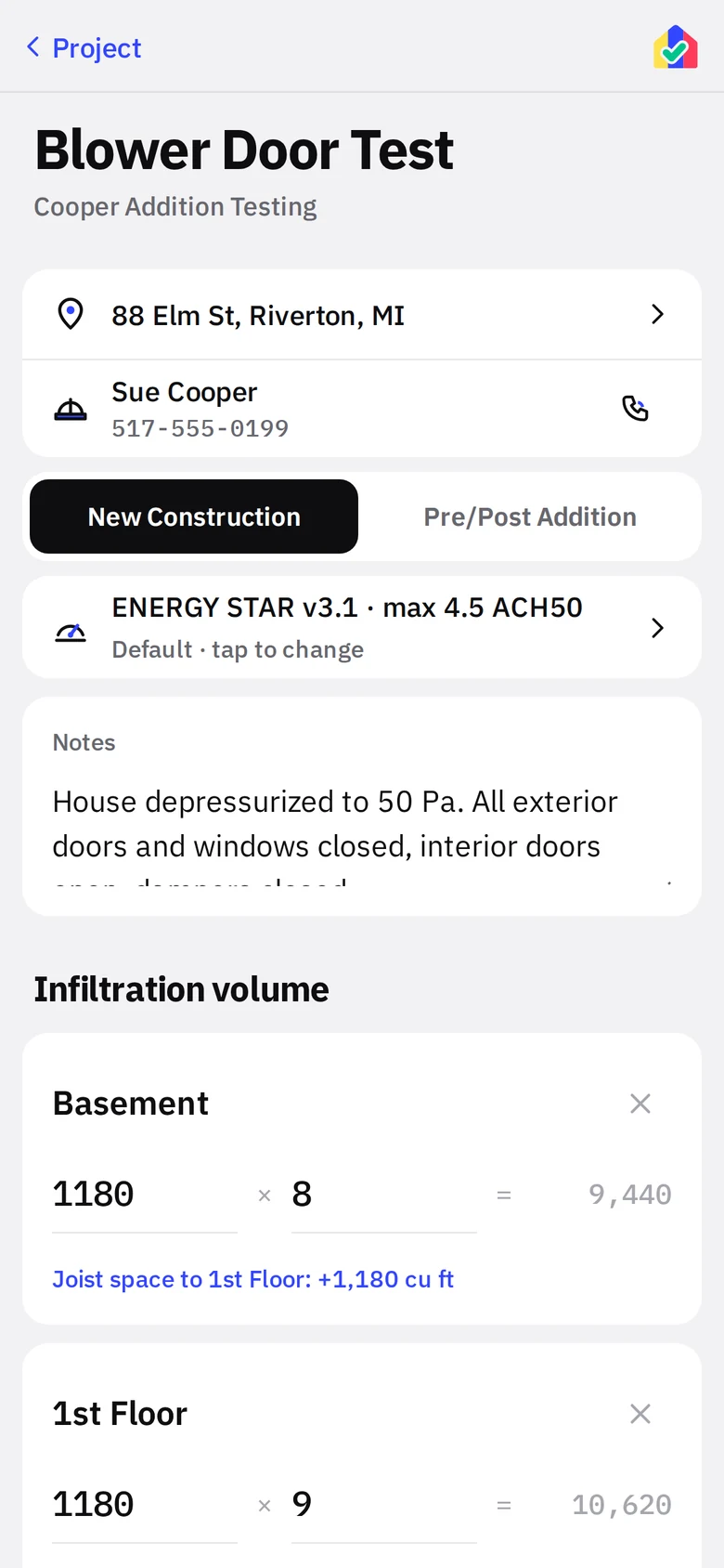 Blower door test screen with address and contact rows, code requirement, floor volumes and readings