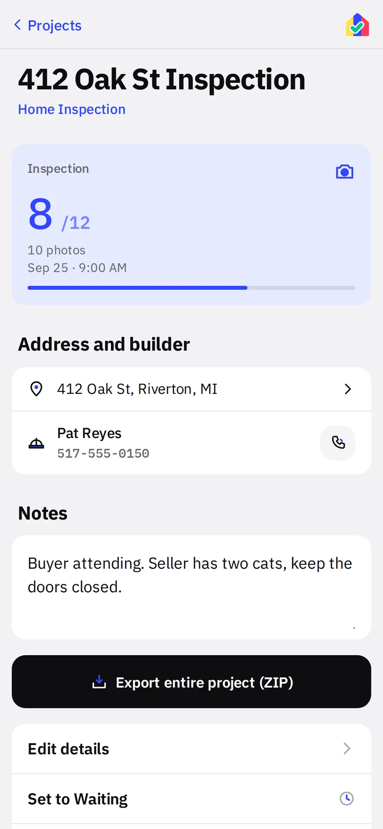 Home inspection project using a custom one-visit list