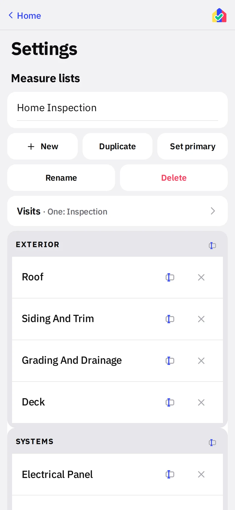 Settings showing a custom Home Inspection list with one visit