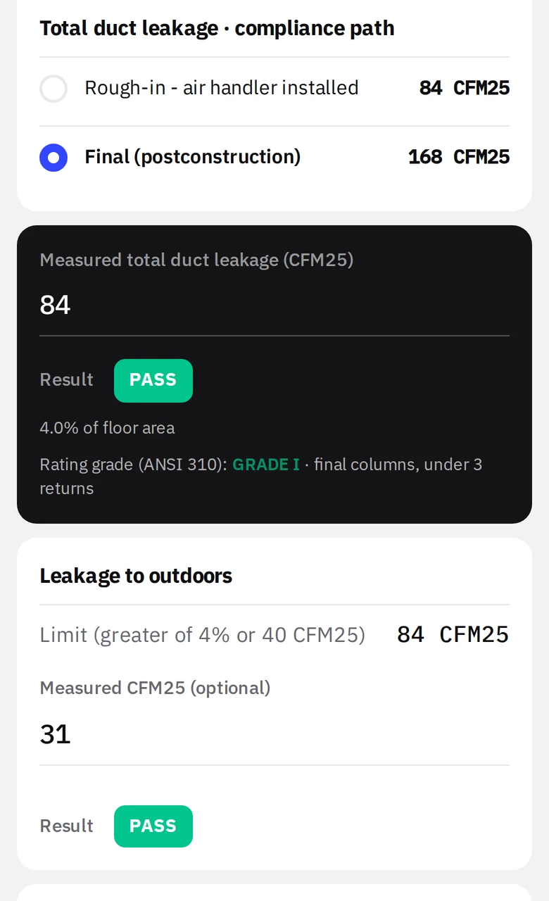 Duct leakage compliance path selector: energy code or ENERGY STAR