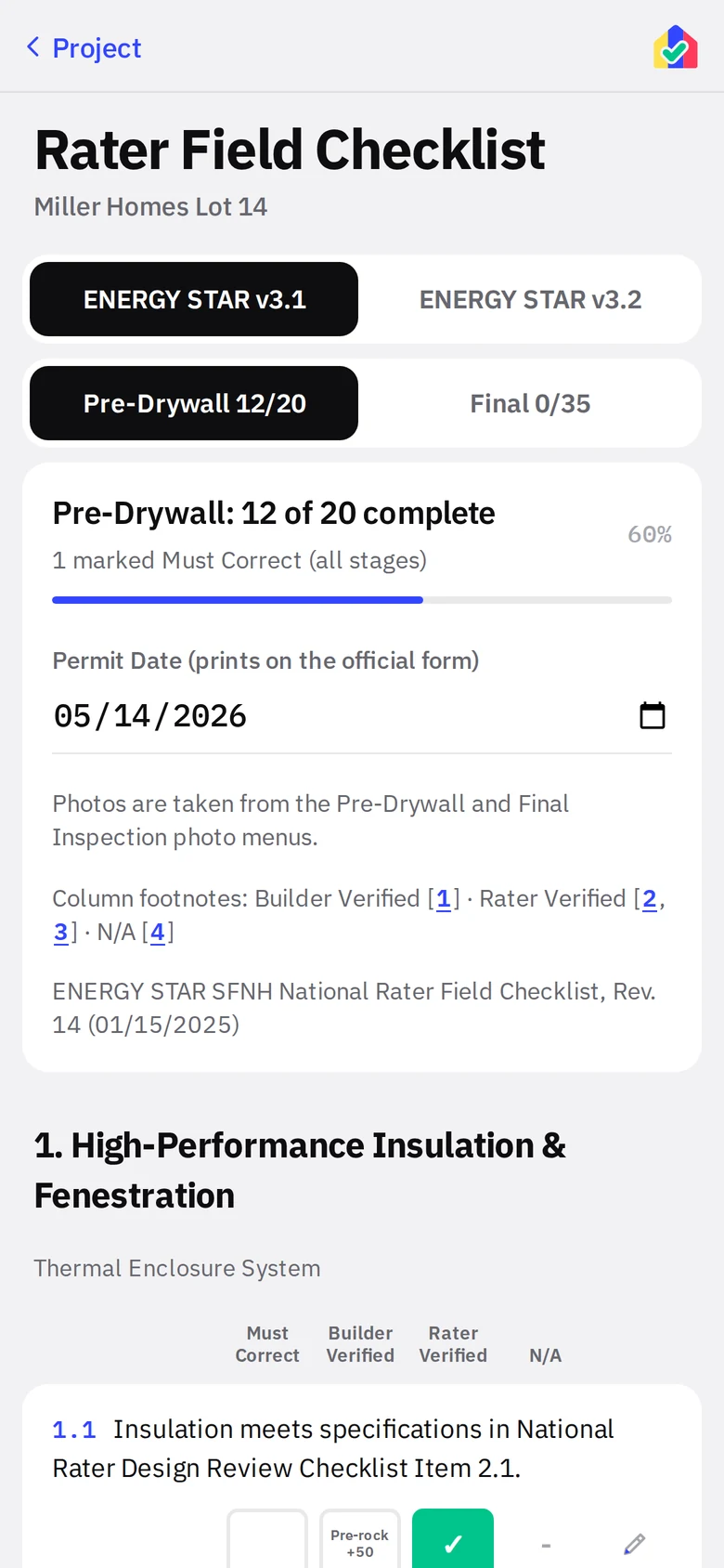 ENERGY STAR Rater Field Checklist screen with version selector, progress and permit date