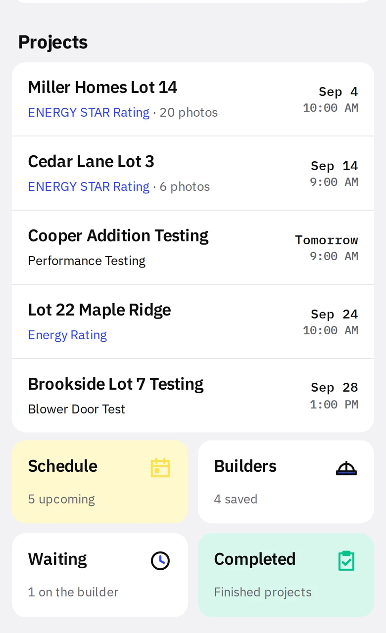 Lower half of the Home screen showing the project list