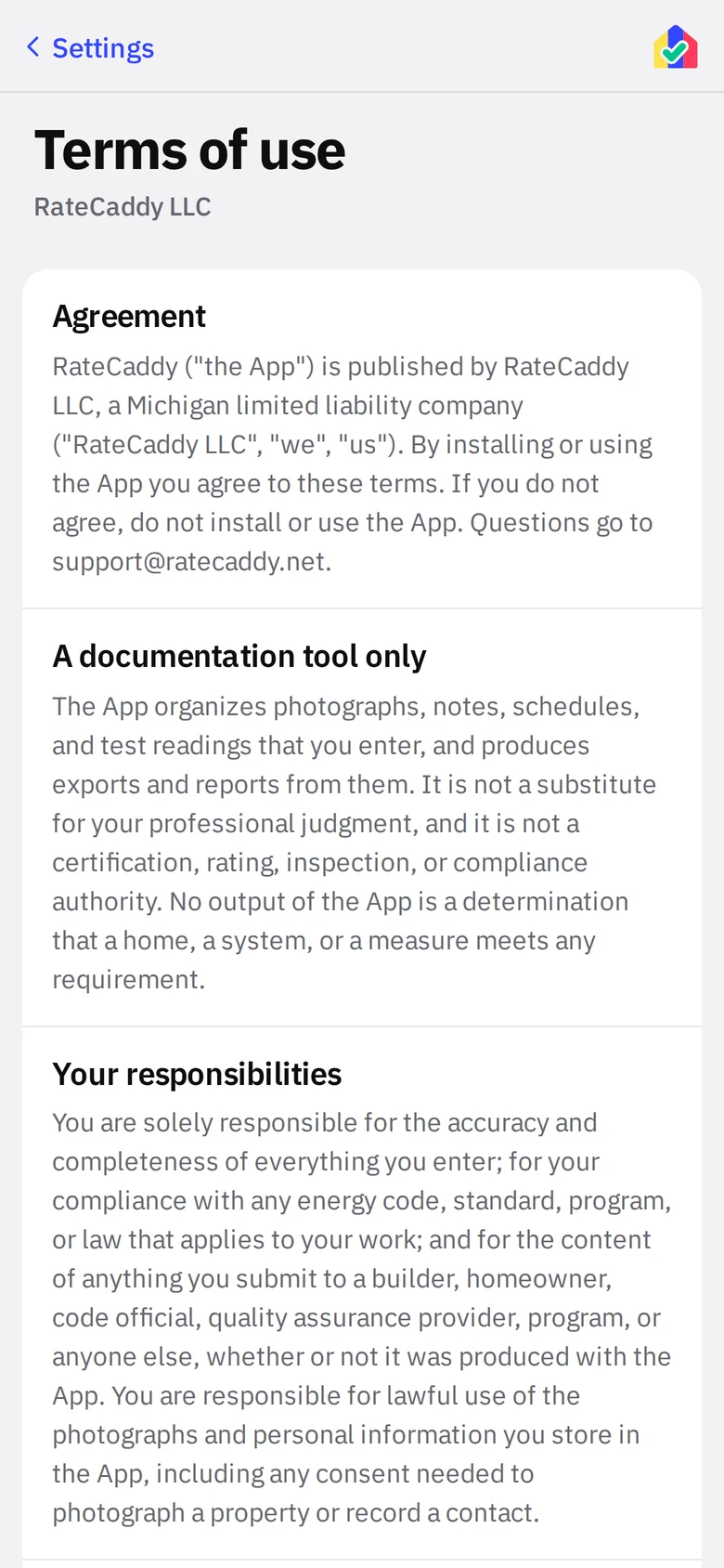 Terms of use shown inside the app under Settings, Legal
