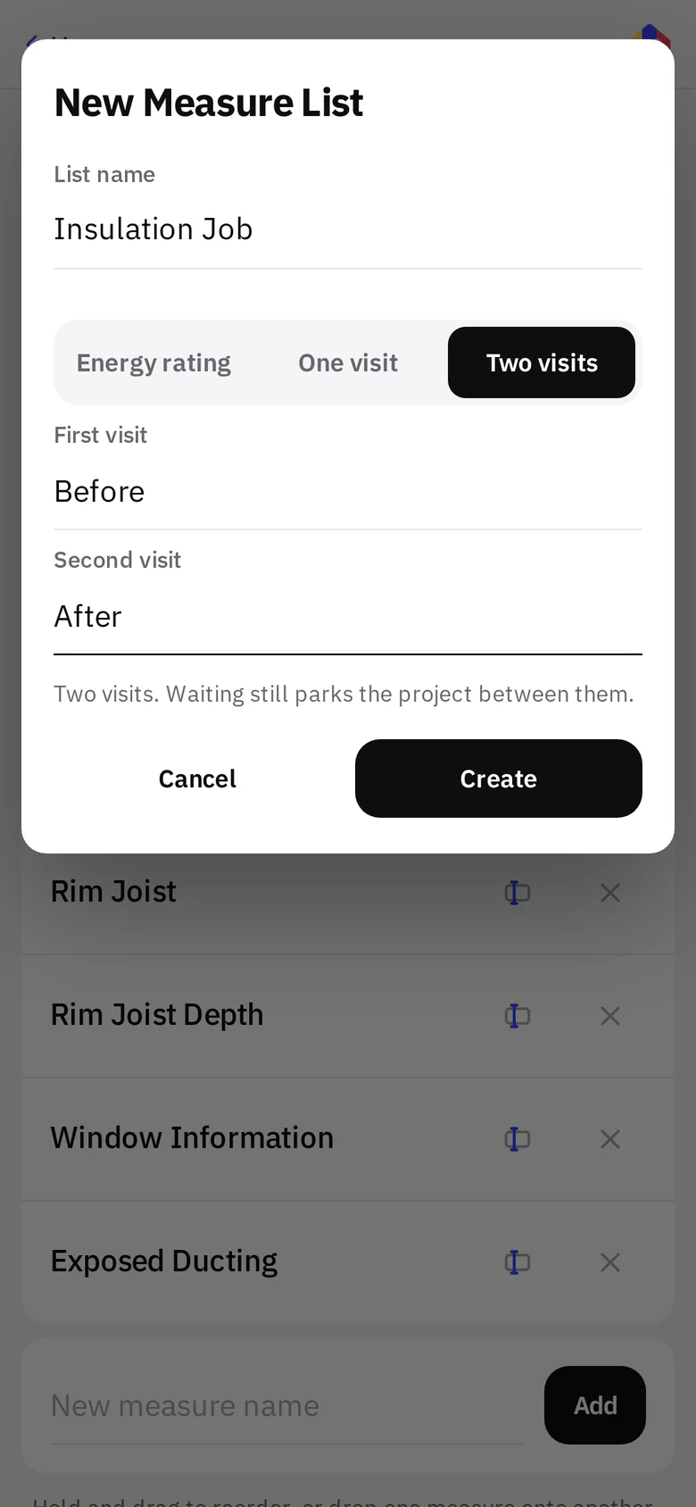 New Measure List form with two visits named Before and After