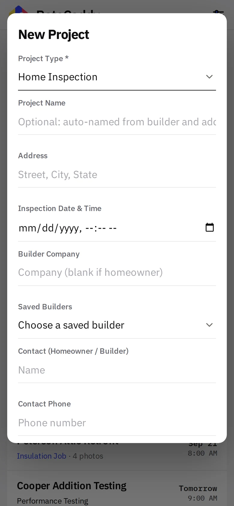 New Project form with a custom visits list selected as the Project Type