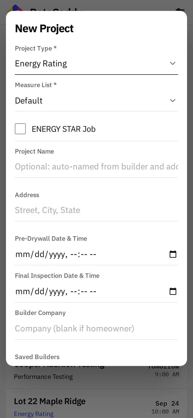 New Project form with Project Type picker, address, dates and builder fields