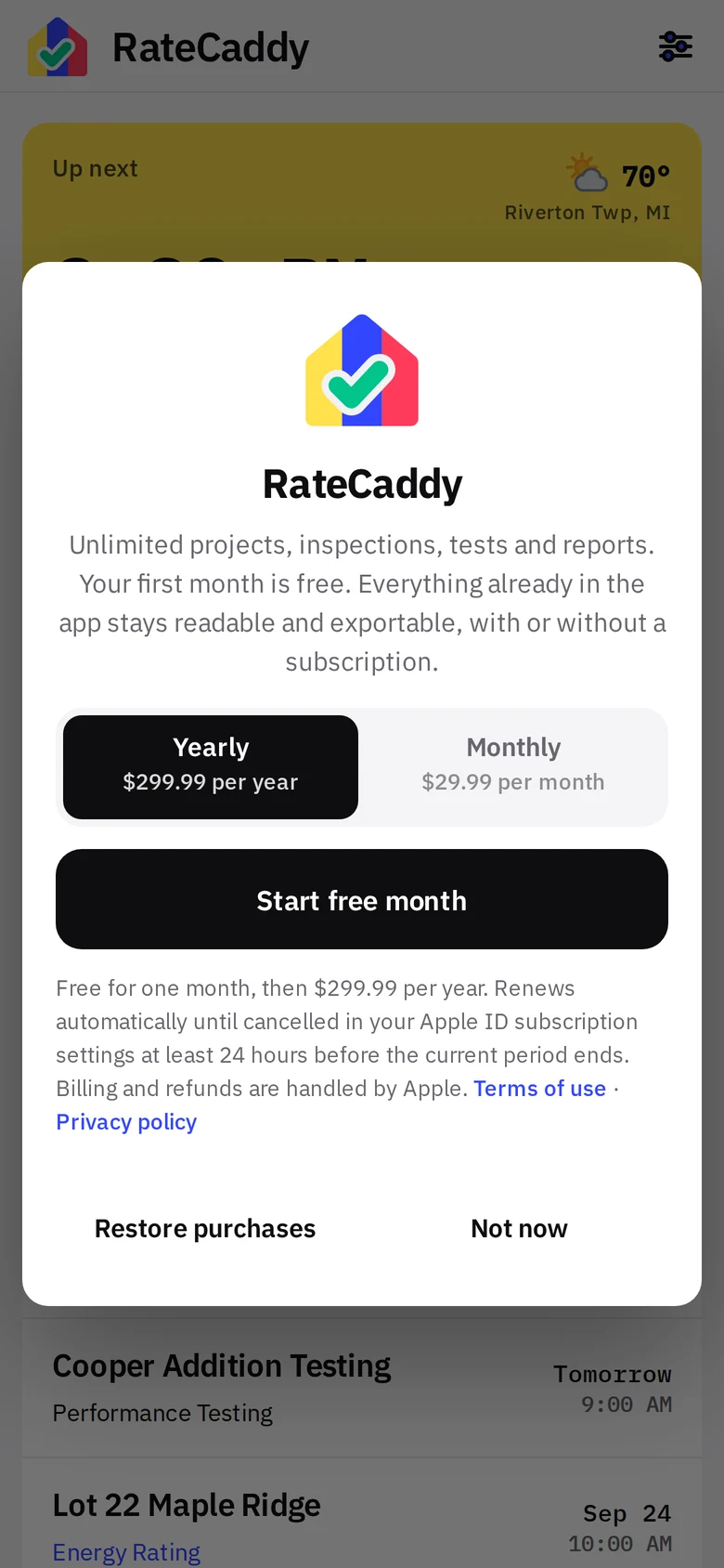 Subscribe sheet with Yearly and Monthly plans, Start free month button and Restore purchases