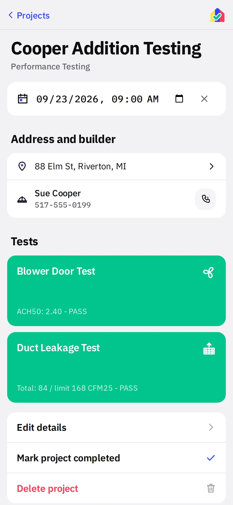 Performance testing project with one appointment and green blower door and duct test cards