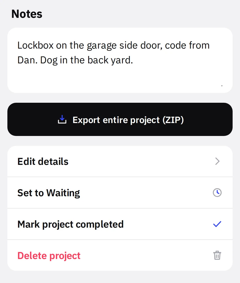 Project actions: Export entire project, Edit details, Set to Waiting, Mark completed, Delete