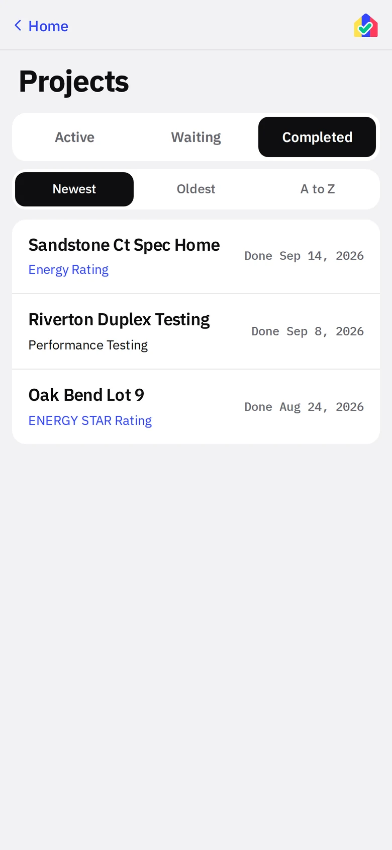 Completed tab with Newest, Oldest and A to Z sort and a done date on each project