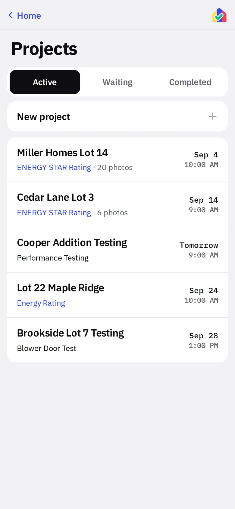 Projects list with Active, Waiting and Completed tabs