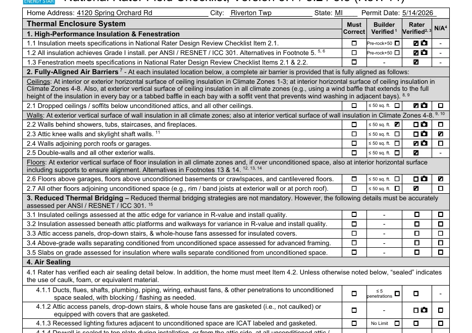 Filled ENERGY STAR Rater Field Checklist