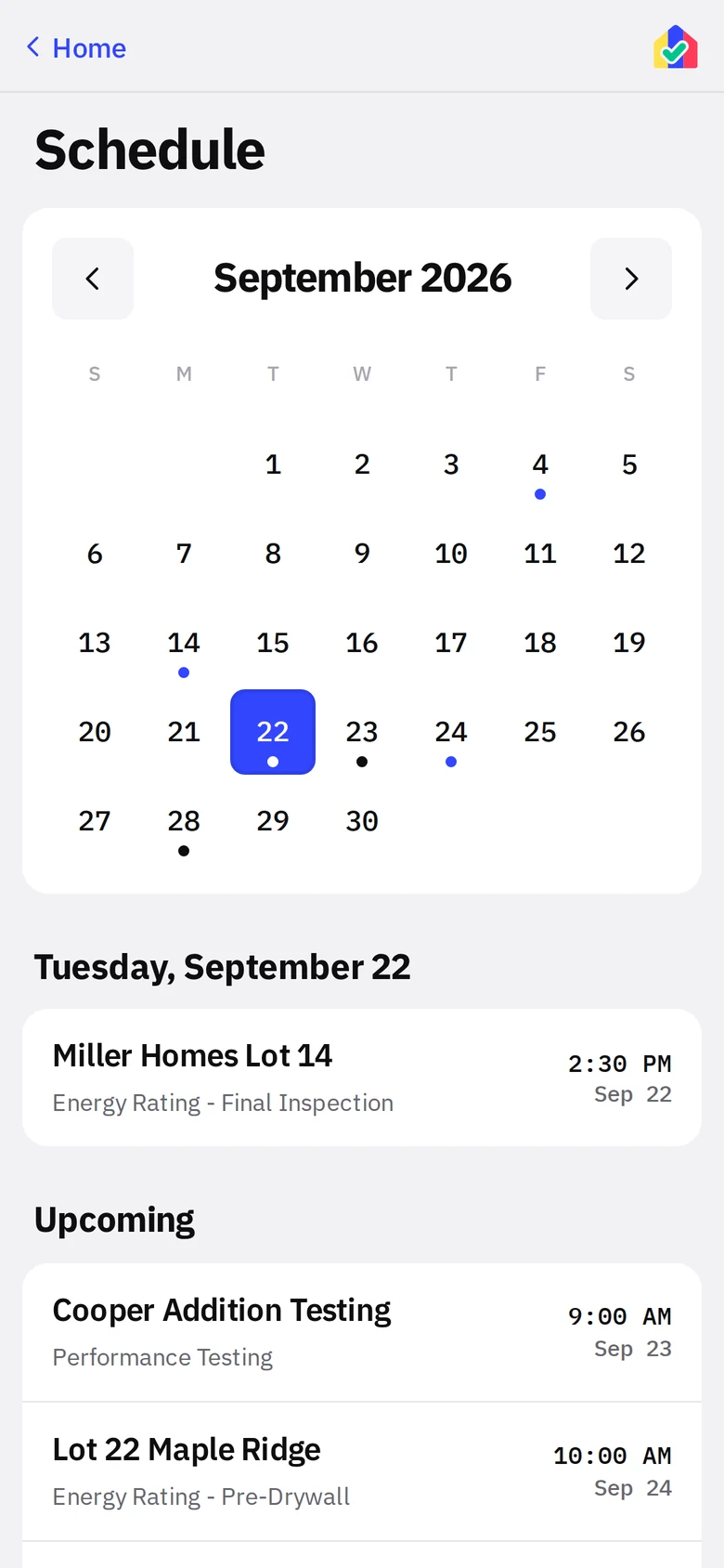 Schedule screen with the September calendar, the selected day and upcoming appointments