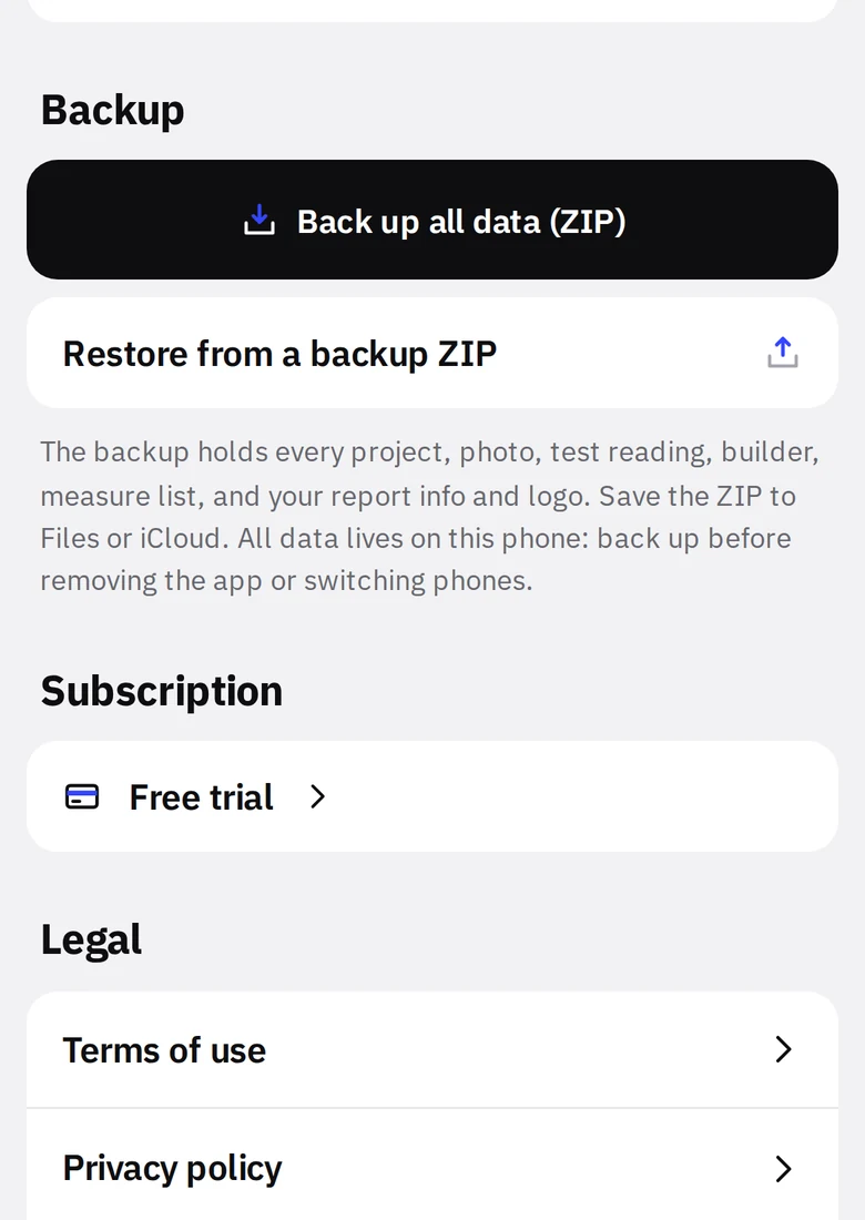 Back up all data, Restore from a backup ZIP, and the Subscription row in Settings