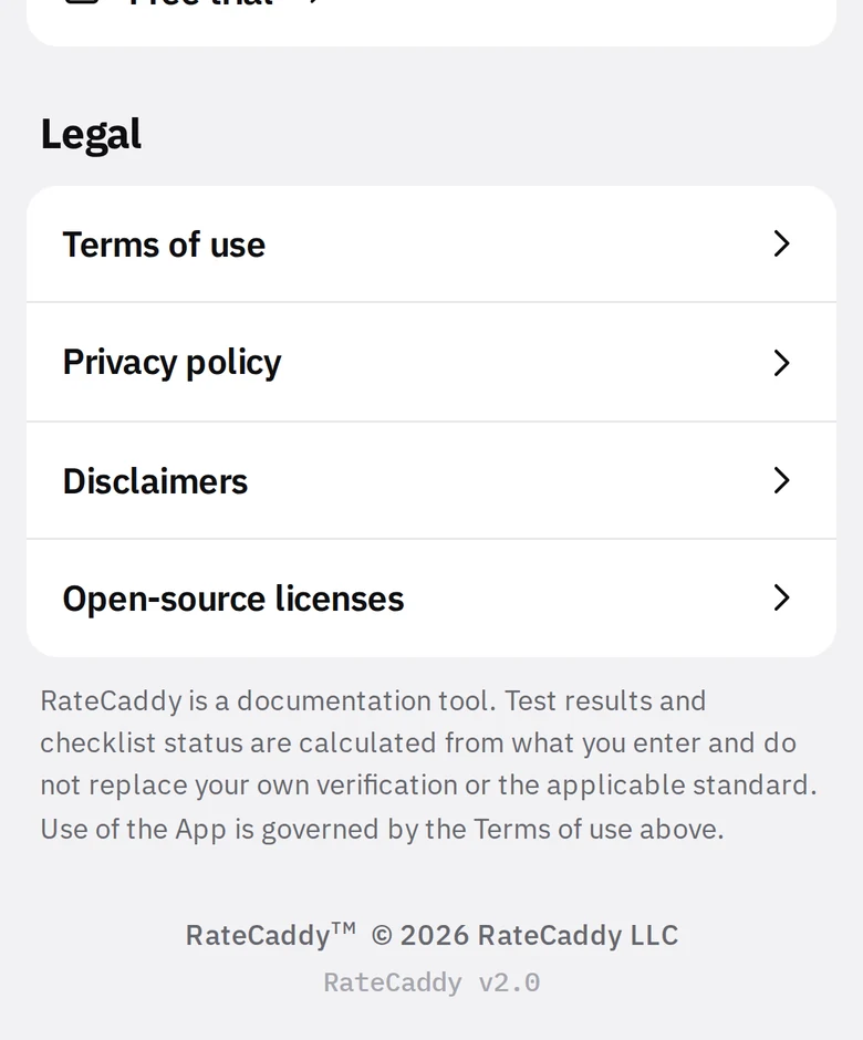 Legal section at the bottom of Settings with the version line