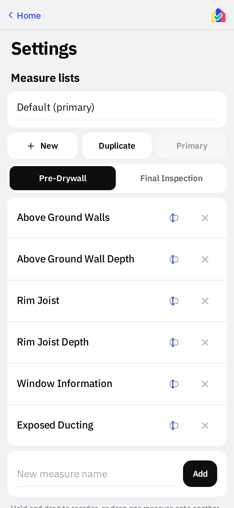 Settings screen with measure lists, defaults and stage names