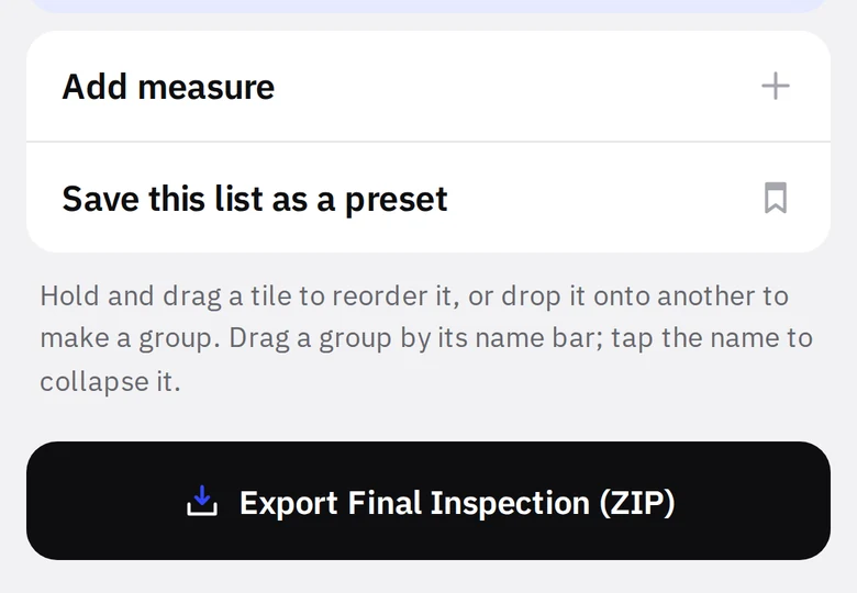 Bottom of the photo wall with Add measure and Save this list as a preset