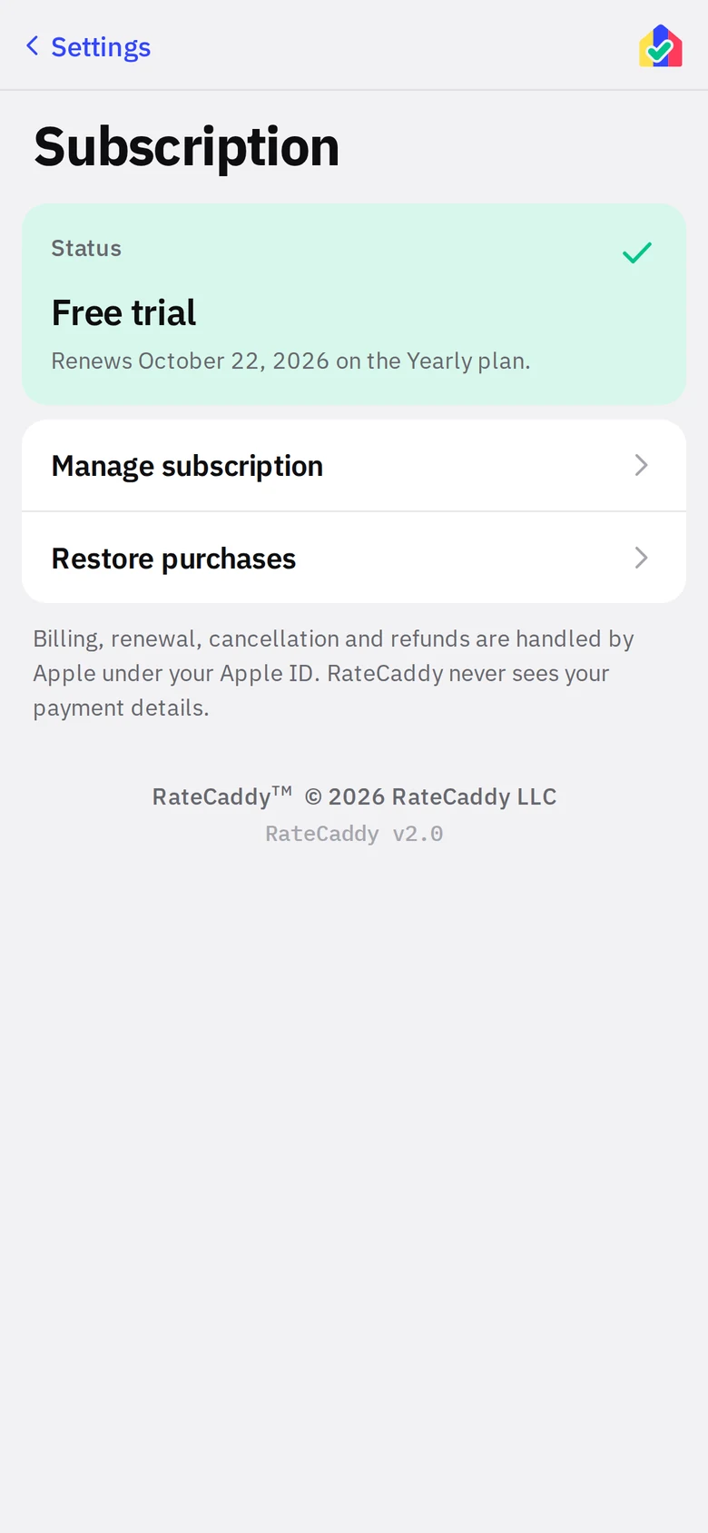 Settings, Subscription screen showing a free trial in progress with Manage subscription and Restore purchases